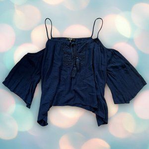 Women’s Navy Blue Flowy Bell Sleeve Cold Shoulder Blouse Top Size M